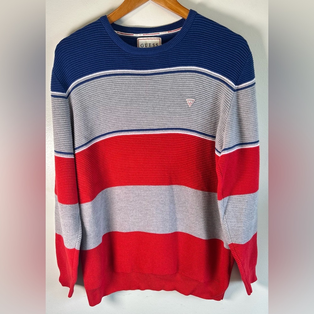 Guess Los Angeles Mens Crew Neck Sweater Textured Knit Color Block Stripes XL/L